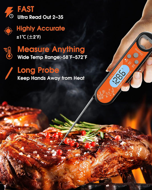 Meat Thermometer, Instant Read Meat Thermometer for Cooking, Fast & Precise Digital Food Thermometer with Backlight, Magnet, Calibration, and Foldable Probe for Deep Fry, BBQ, Grill, and Roast Turkey